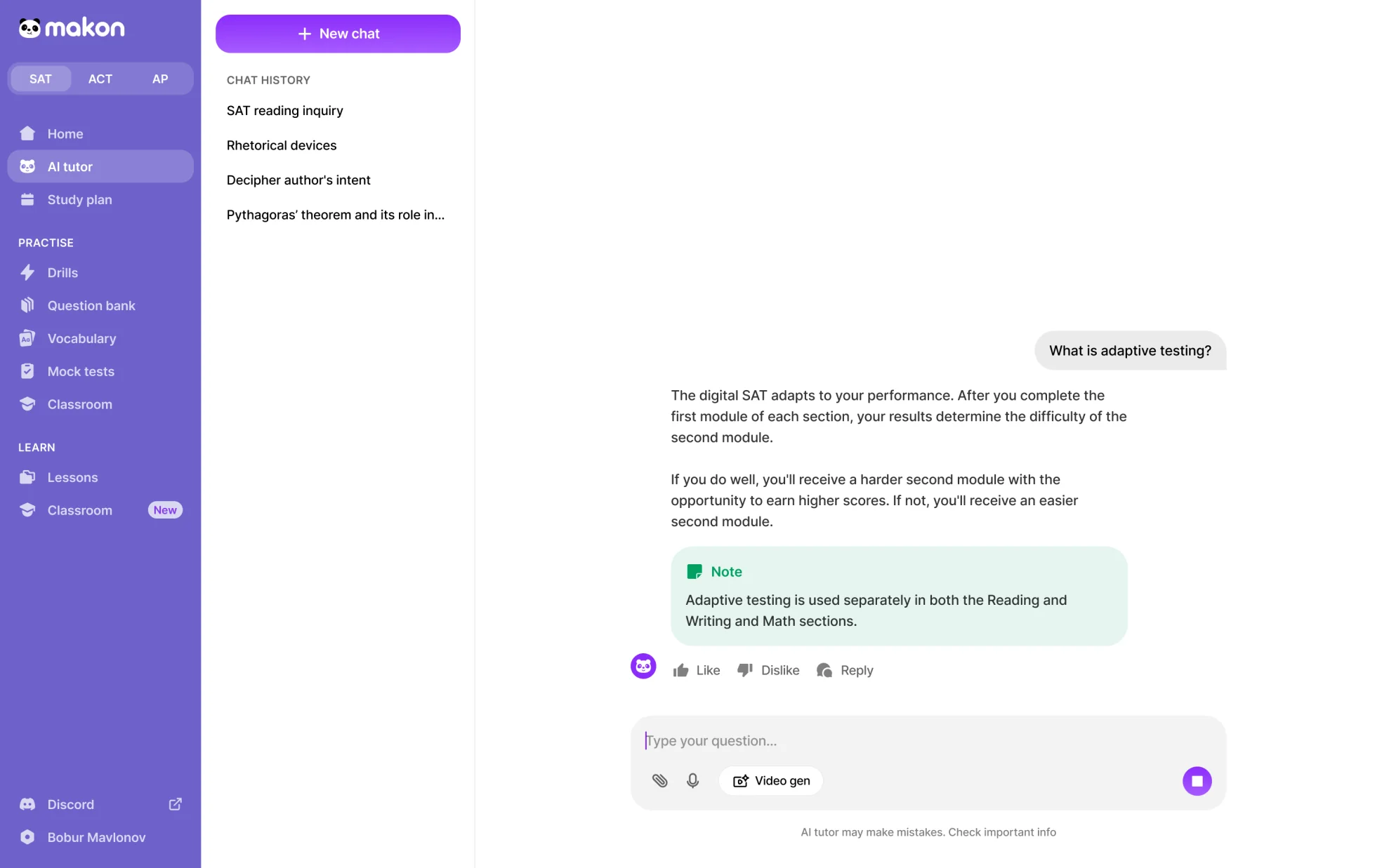 AI Tutor interface